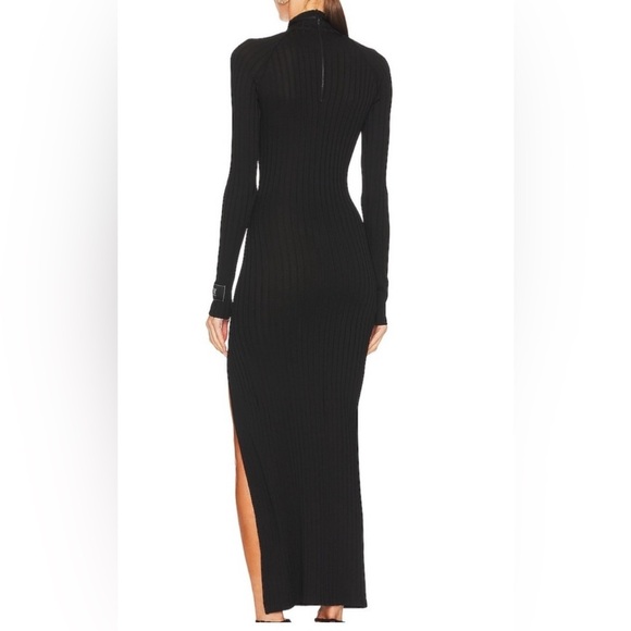 Black Ribbed Maxi Dress with Mock Neck and Slit - Picture 3 of 6